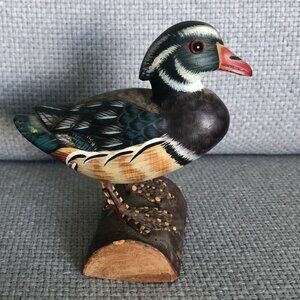 VINTAGE Hand Painted Wood Duck On Small Log 4 x 3 inches